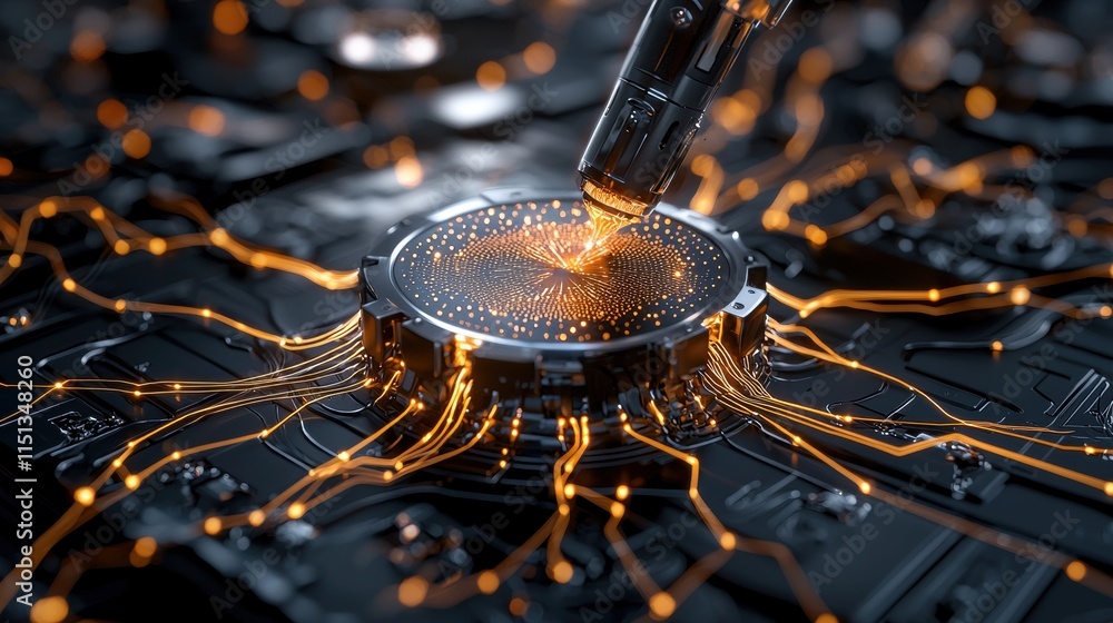 Poster futuristic robotic arm soldering microchip on circuit board with glowing connections in high-tech en