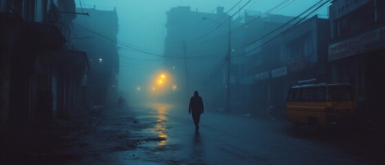 Foggy street, silhouette walks.