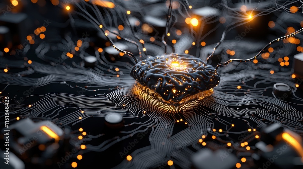 Poster futuristic ai brain chip with glowing circuitry in a high-tech environment showcasing advanced artif