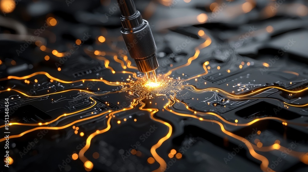 Poster futuristic circuit board with glowing orange connections and metallic tool in high-tech environment