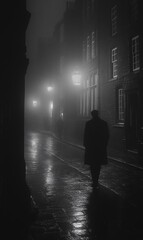 Foggy street at night, person walking away.