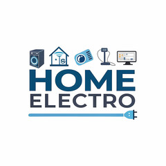 Home electronics store logo with appliances icons and plug symbol / Logotipo de tienda de electrodomésticos con íconos y símbolo de enchufe