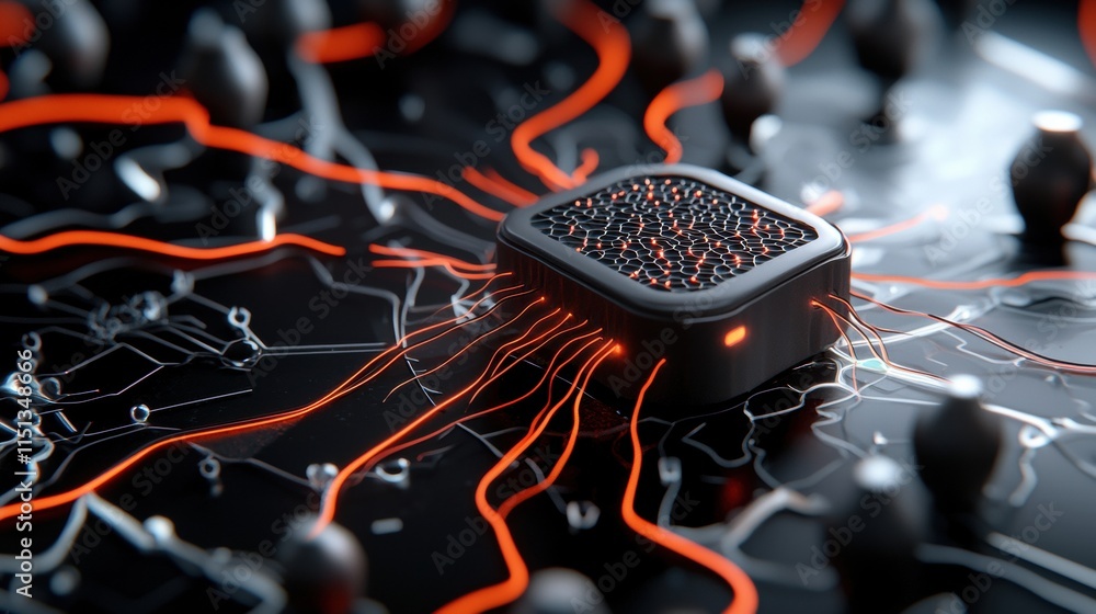 Poster futuristic circuit board with glowing neural network connections and central processing unit in high