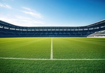 Fototapeta premium A large, empty football stadium with green grass and blue sky in the background. 