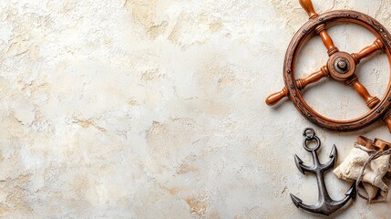 Nautical Theme Background with Ship Wheel, Anchor, and Rope on Textured Surface