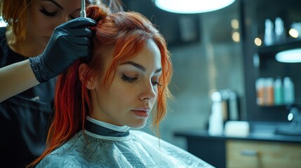 Naklejka premium Scene of a hair stylist applying color to a client's hair with care and precision.
