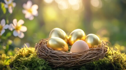 Obraz premium Golden Easter eggs nestled in a mossy nest outdoors