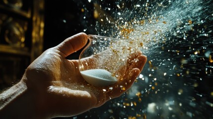 Fototapeta premium Scene of a hand gently turning an hourglass, sand cascading down.