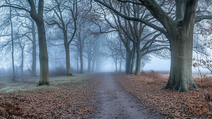 Foggy path with barren trees.