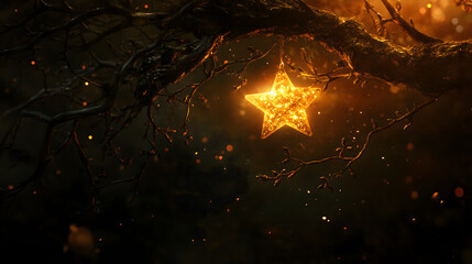 A tree branch illuminated by a festive star-shaped light.


