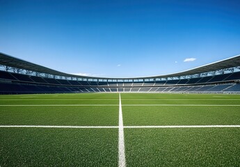 A large, empty football stadium with green grass and blue sky in the background. 