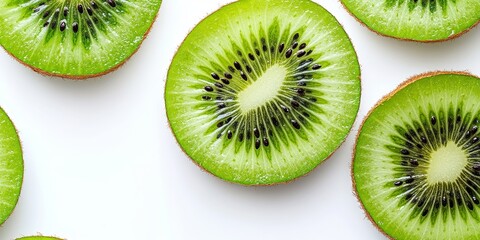 Fototapeta premium Freshly sliced, ripe kiwi fruit placed against a white background highlights its vibrant green color and unique texture. Kiwi fruit, ripe and sliced, stands out beautifully on white.