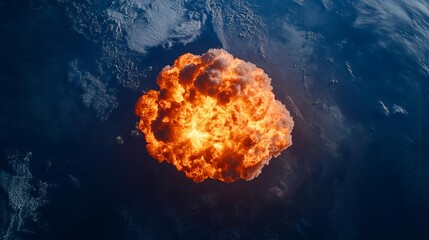 Obraz premium Nuclear explosion seen from space, a fiery bloom engulfing Earth s surface, nuclear bomb, apocalyptic vision