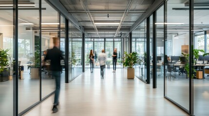 Bright and modern business workplace with people walking in blurred motion, showcasing a dynamic office environment with open space, contemporary design, and collaborative work atmosphere