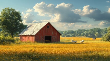 Obraz premium Red barn, yellow flowers, grazing sheep, idyllic farm scene.
