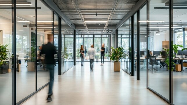 Bright and modern business workplace with people walking in blurred motion, showcasing a dynamic office environment with open space, contemporary design, and collaborative work atmosphere