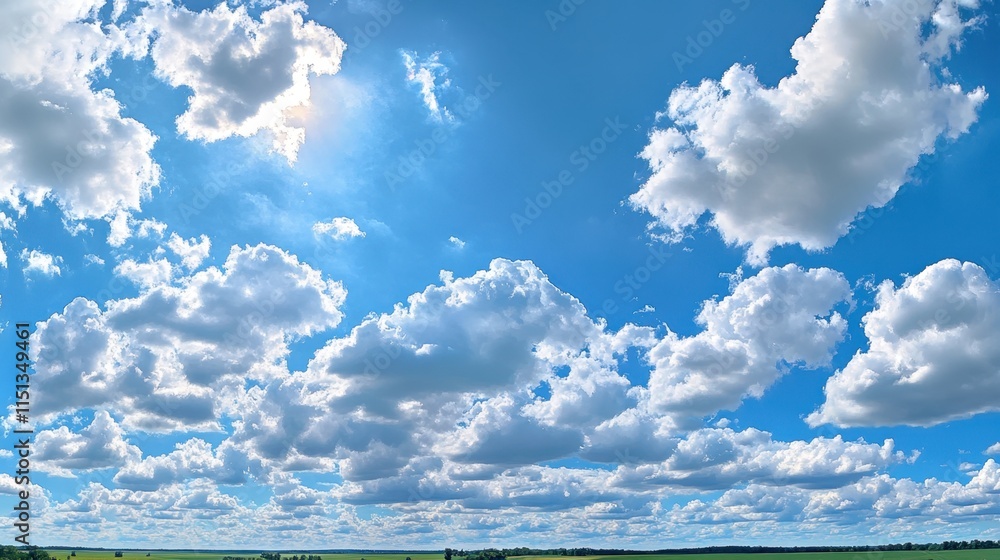 Poster a panoramic sky view with a glowing sun hidden behind layered clouds, ideal for elegant text overlay