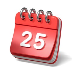 Red Desk Calendar with Number 25, Ideal for Marking Important Dates and Events. Isolated on White Background.