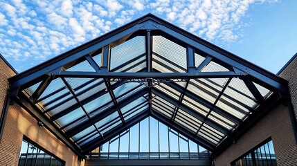 Obraz premium A photograph of an industrial steel roof with translucent and glass panels on the exterior wall