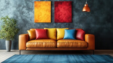 Sleek leather sofa in a modern living room, accented by vibrant cushions and warm lighting, exuding comfort and style.