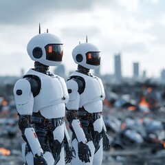 Robotic humanoids surveying the aftermath of a nuclear war, nuclear bomb, post-human survival