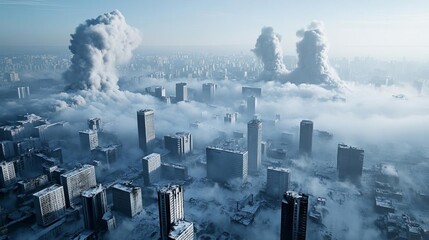 Ruined city covered in ash and smoke after a nuclear blast, nuclear bomb, desolate wasteland