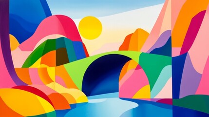 A colorful abstract bridge made of geometric shapes, connecting two distinct landscapes, symbolizing collaboration and understanding.