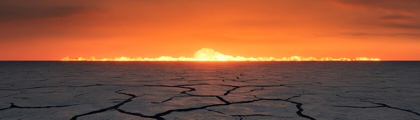 Scorched earth and a distant glowing horizon after a nuclear detonation, nuclear bomb, wasteland aftermath