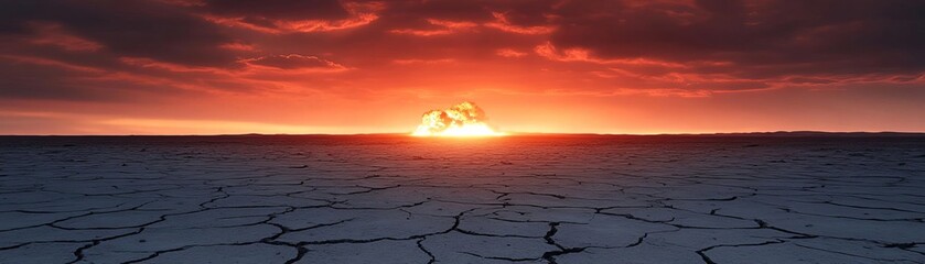 Scorched earth and a distant glowing horizon after a nuclear detonation, nuclear bomb, wasteland aftermath