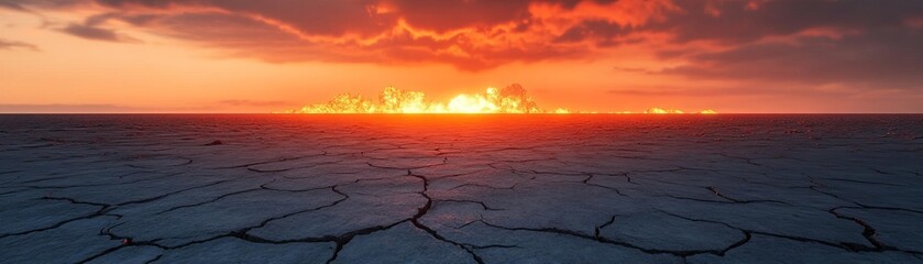 Scorched earth and a distant glowing horizon after a nuclear detonation, nuclear bomb, wasteland aftermath