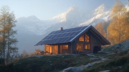Solar panels on a cabin roof.