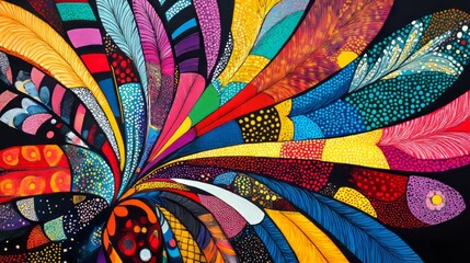 A fan or semi-circle of abstract feathers in bold, diverse colors and patterns, symbolizing freedom and collective beauty. 