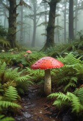 Fly agaric in misty woodland with ferns and moss, ferns, fungal growth, forest flora
