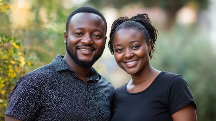 Obraz premium Happy Couple Smiling Outdoors in a Natural Setting with Greenery in the Background