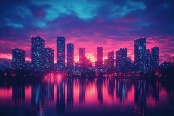 Fototapeta premium a stunning city skyline glimmers at dusk, with tall buildings silhouetted against a vibrant sunset, reflecting the dynamic energy and essence of urban life
