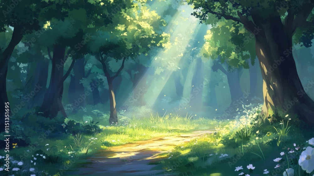 Poster a quiet forest path under the moonlit sky, with beams of light filtering through the trees.