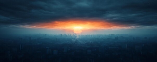 Obraz premium Skyline covered in dark clouds with faint orange nuclear glow, nuclear bomb, lingering destruction