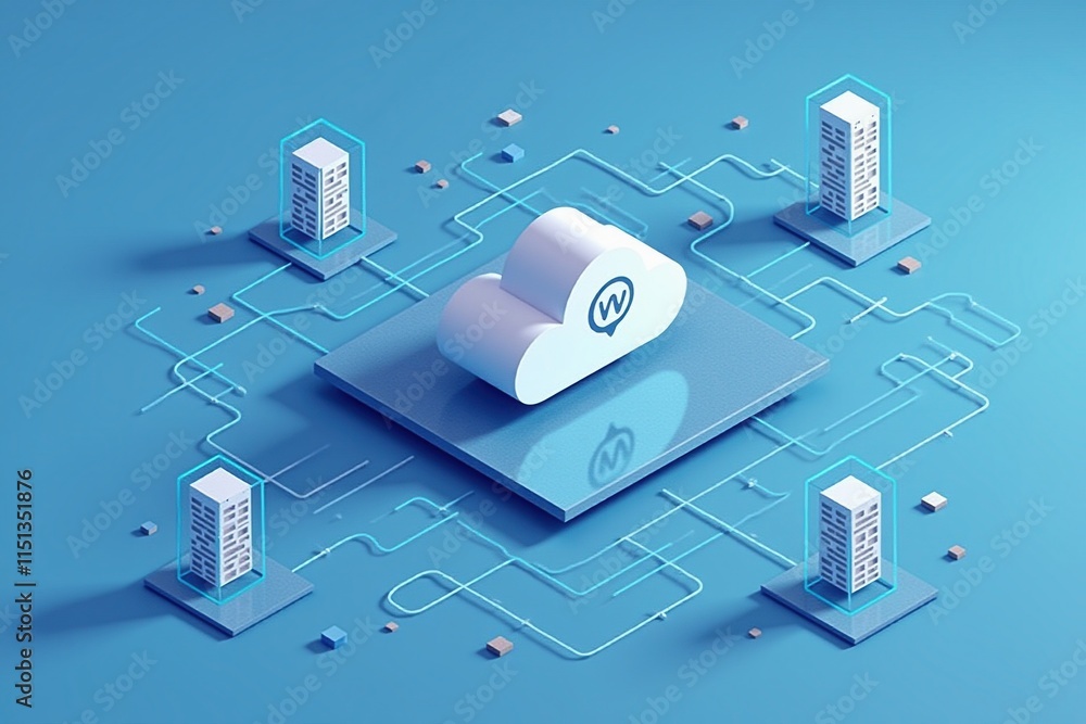 Poster Cloud computing - A 3D illustration of a cloud computing network, showcasing data servers and interconnected devices in a minimalistic design.