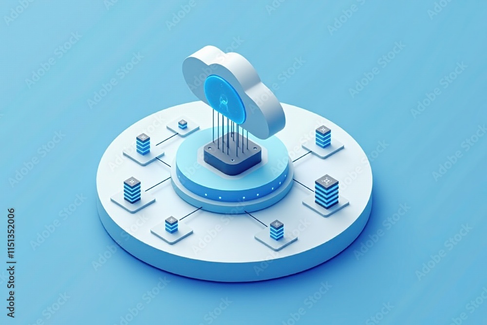 Poster Cloud computing - A 3D illustration of a cloud computing network, showcasing data servers and interconnected devices in a minimalistic design.