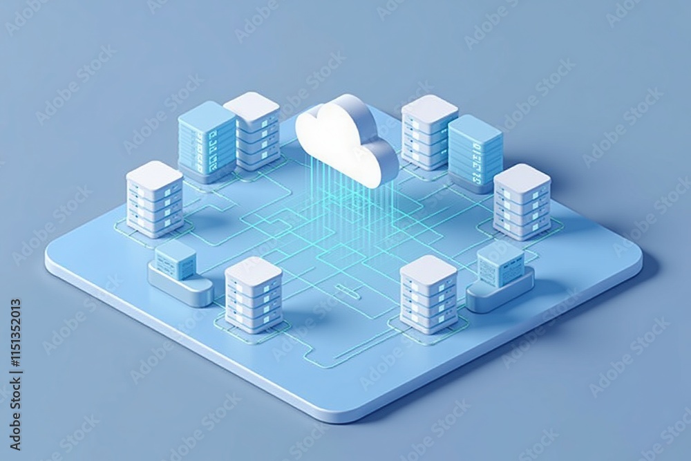 Poster Cloud computing - A 3D illustration of a cloud computing network, showcasing data servers and interconnected devices in a minimalistic design.