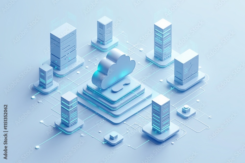 Poster Cloud computing - A 3D illustration of a cloud computing network, showcasing data servers and interconnected devices in a minimalistic design.