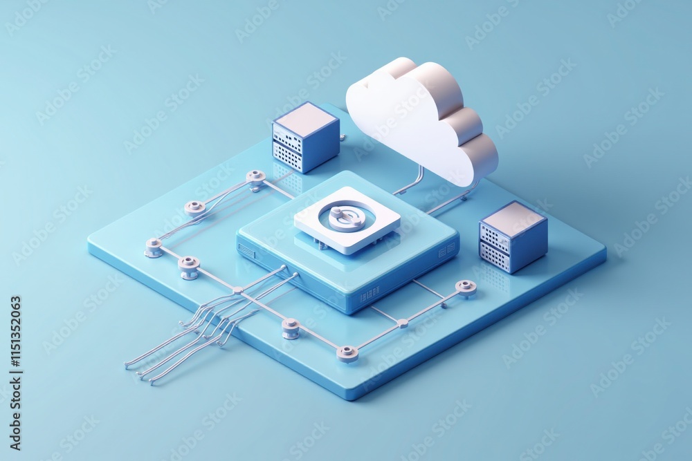 Poster  3D isometric design of a cloud connected to data servers and nodes, symbolizing efficient and modern IT architecture.