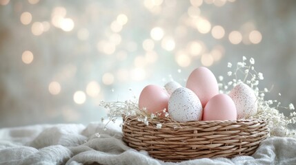 Obraz premium Pastel Easter Eggs Nestled In Woven Basket With Flowers