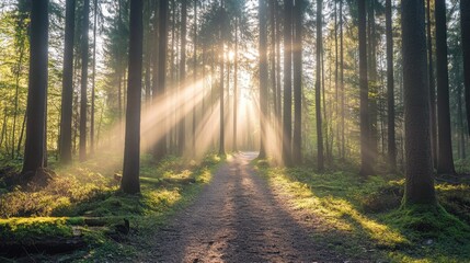 Fototapeta premium A quiet forest path under the moonlit sky, with beams of light filtering through the trees.