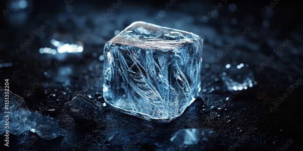 Poster close up of an ice cube on a dark background, showcasing the intricate details and textures of the i