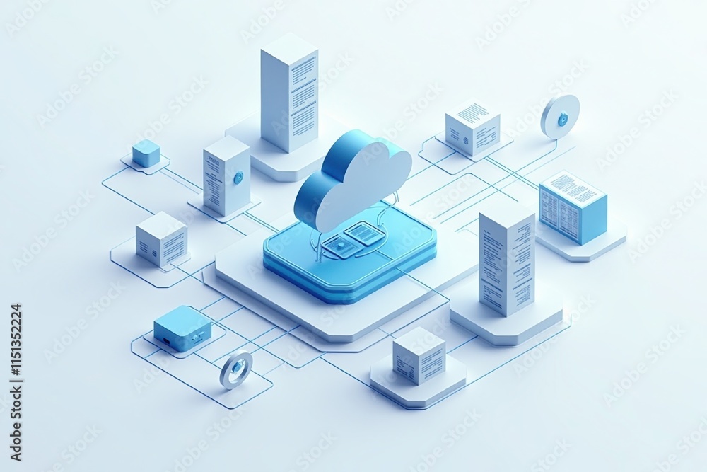 Poster Cloud computing - A 3D illustration of a cloud computing network, showcasing data servers and interconnected devices in a minimalistic design.