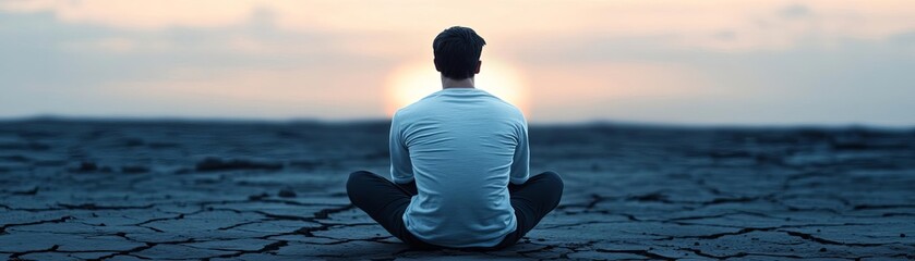 Fototapeta premium Survivor sitting on cracked earth looking toward a glowing horizon, nuclear bomb, resilience and reflection