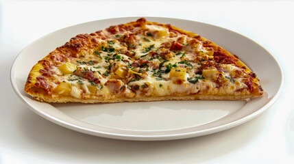 Delicious slice of hawaiian pizza on a white plate with cheese and pineapple toppings