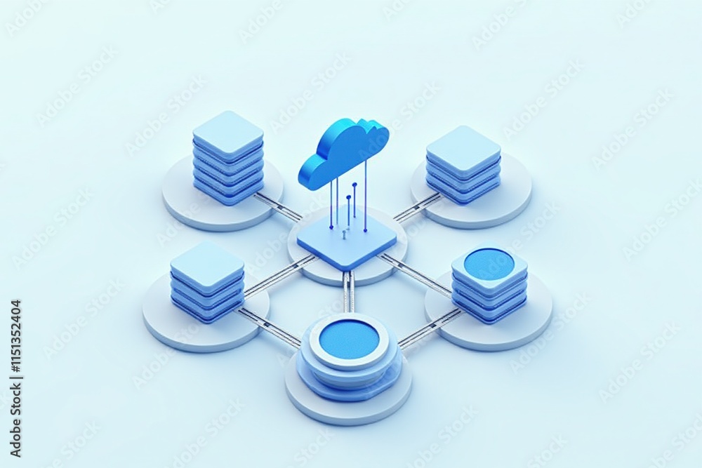 Aufkleber Cloud computing - A 3D illustration of a cloud computing network, showcasing data servers and interconnected devices in a minimalistic design.