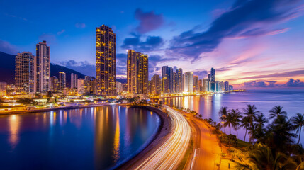 Obraz premium Panoramic sunset view of urban skyline and coastal highway in vibrant cityscape
